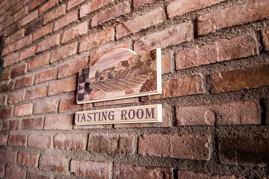 tasting room wooden sign on brick wall, stone, hang, architecture HD wallpaper