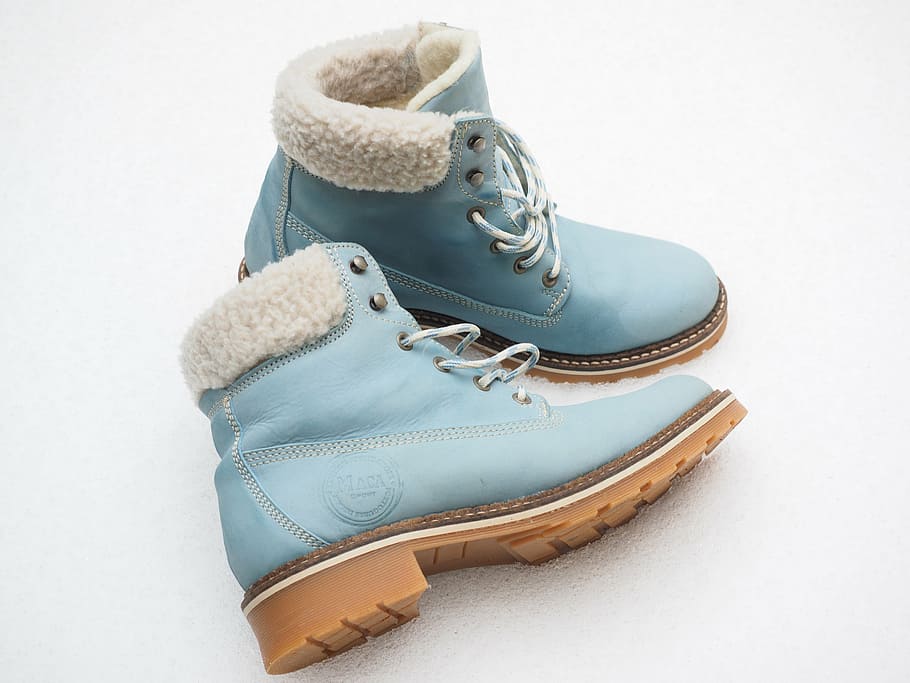 pair of blue leather boots, winter boots, shoes, warm, clothing