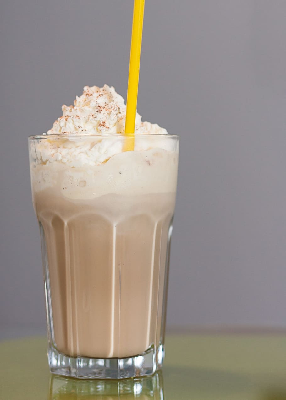 beverage with whip cream toppings, Iced Coffee, Drink, Cafe, Straw, HD wallpaper