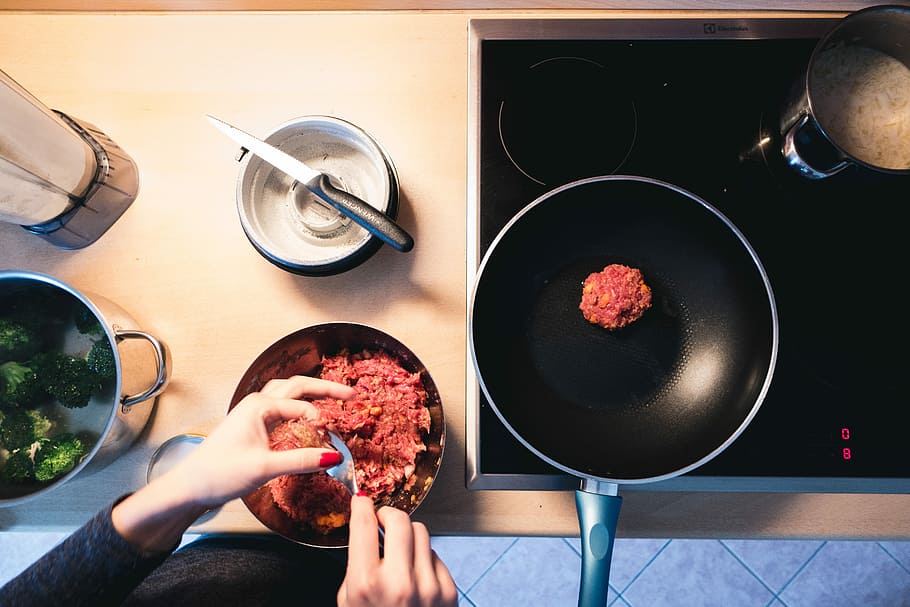 Frying ground beef burger meat, cooking, hands, home, kitchen