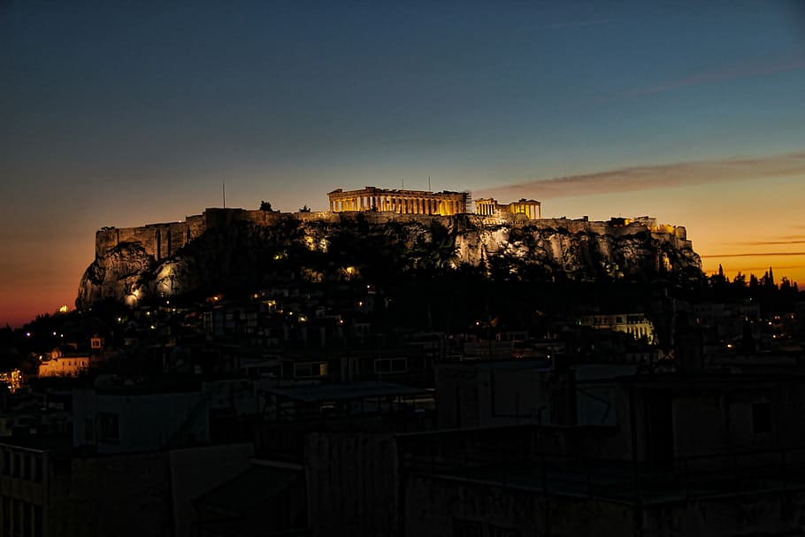 photo of city buildings during night time, athens, greece, travel