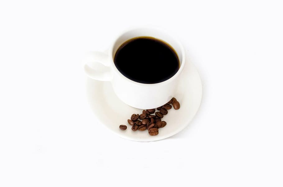 coffee mug on white saucer, aroma, aromatic, beverage, bio, black, HD wallpaper