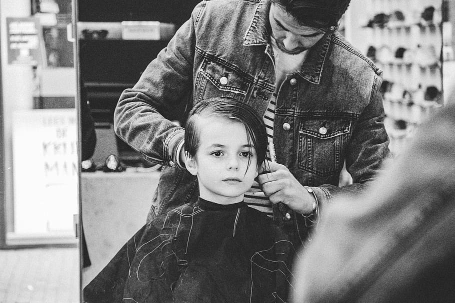 grayscale photography of man holding boys hair, grayscale photo of boy having haircut, HD wallpaper