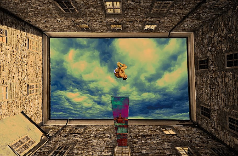 jump, sky, clouds, blue sky, white clouds, houses, windows HD wallpaper