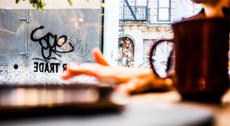 graffiti, window, cafe, adult, creativity, people, focus on background HD wallpaper