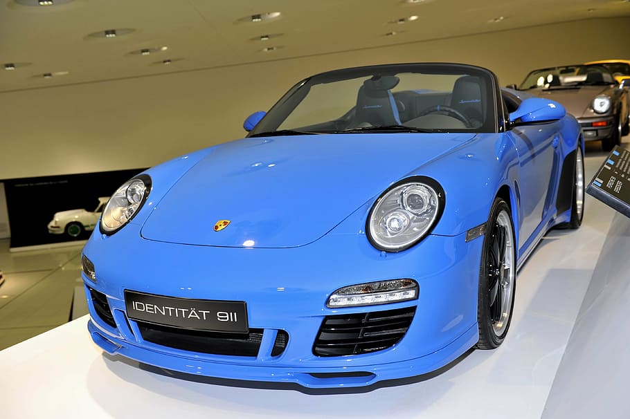 blue Porsche convertible coupe on display, auto, 911, museum, HD wallpaper