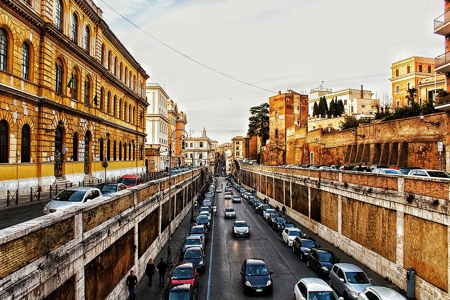 brown concrete buildings, rome, colosseum, road, roman coliseum, HD wallpaper