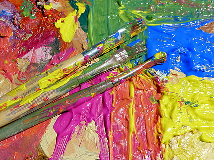 three paint brush on water paints, paint splatter, colours HD wallpaper