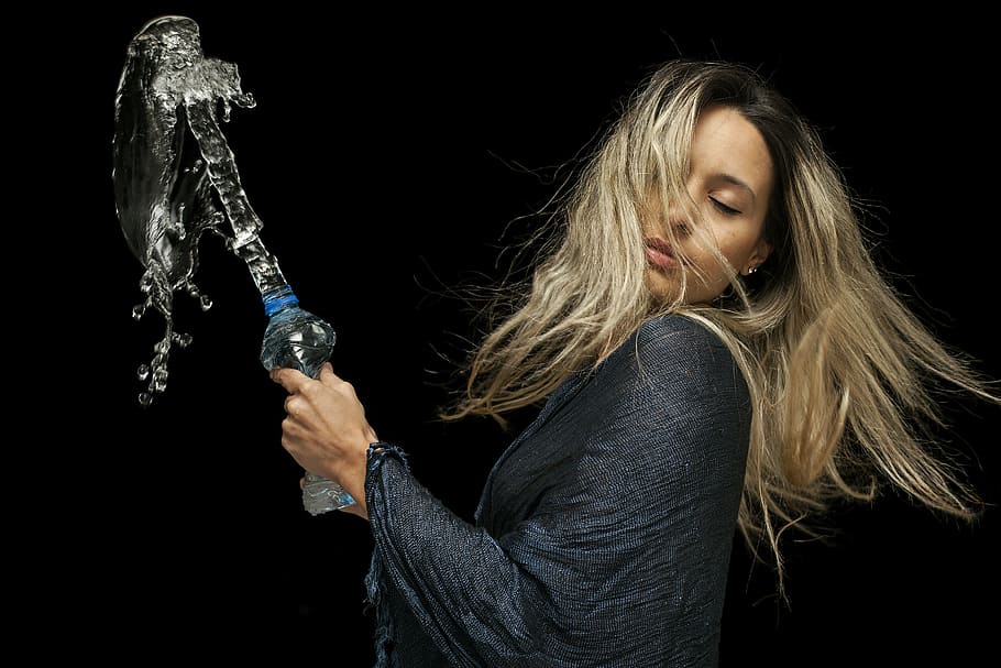 woman wearing black top holding clear plastic bottle, model, exposure, HD wallpaper