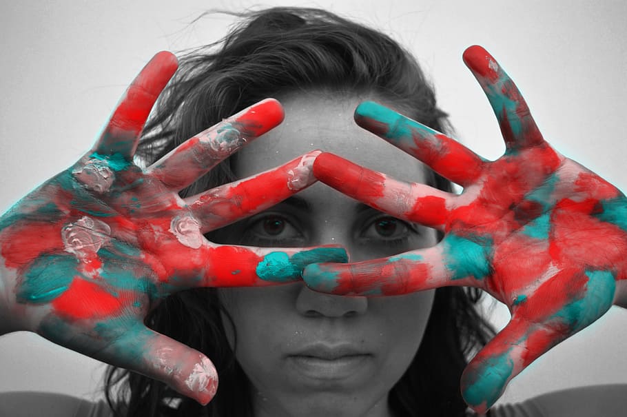 colors, paint, hands, face, colorful, colour, eyes, black and white HD wallpaper