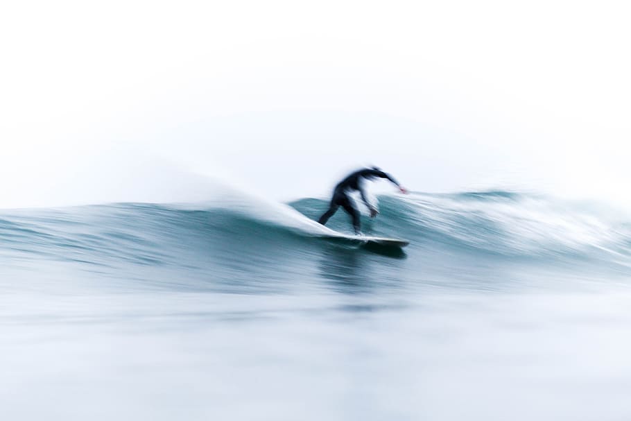 person on surfboard riding waves, person surfing on sea wave during daytime HD wallpaper