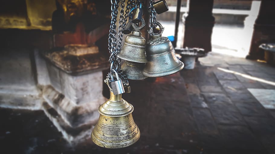 Four Gray Hanged Bells, brass, chains, close -up, hanging, iron HD wallpaper