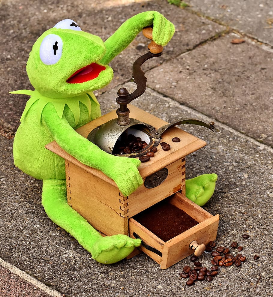 grinder, coffee beans, kermit, stuffed animal, coffee grind