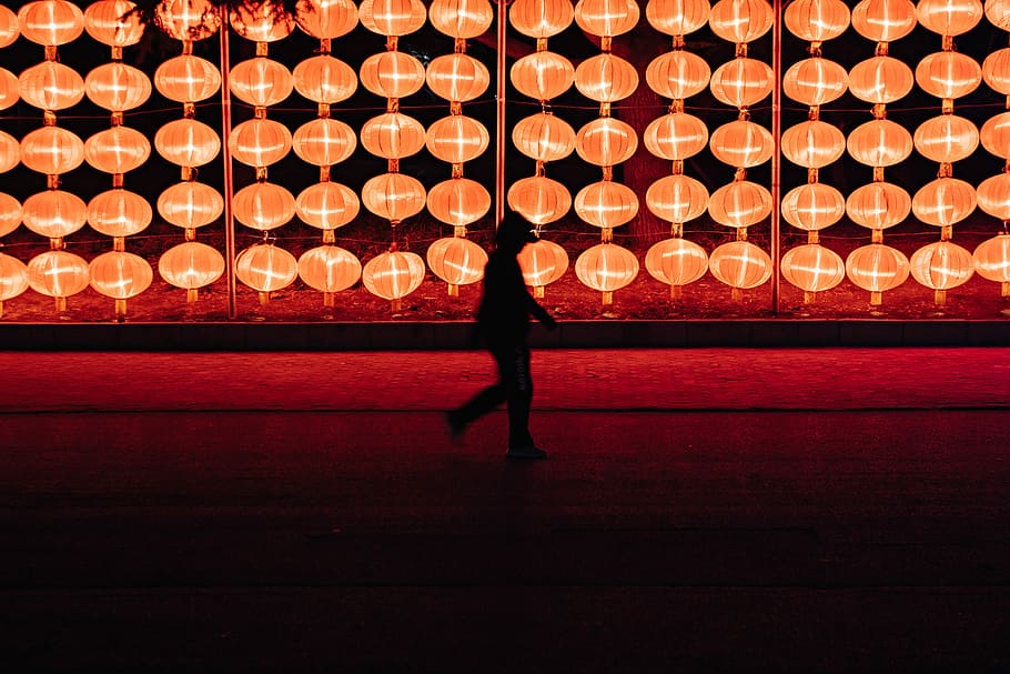 silhouette of person walking near lantern lamp, person walking near lanterns HD wallpaper