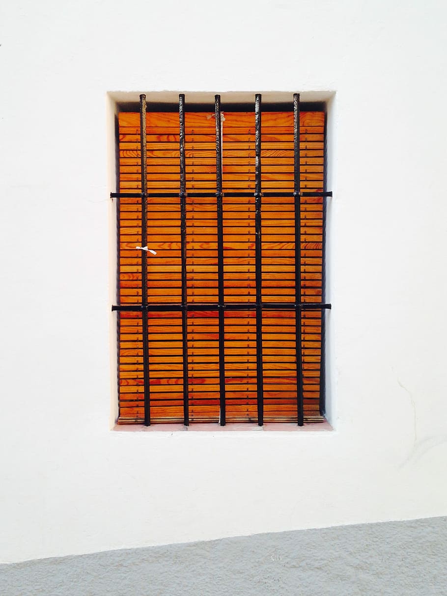 black metal window frame, brown window blinds hang on window HD wallpaper