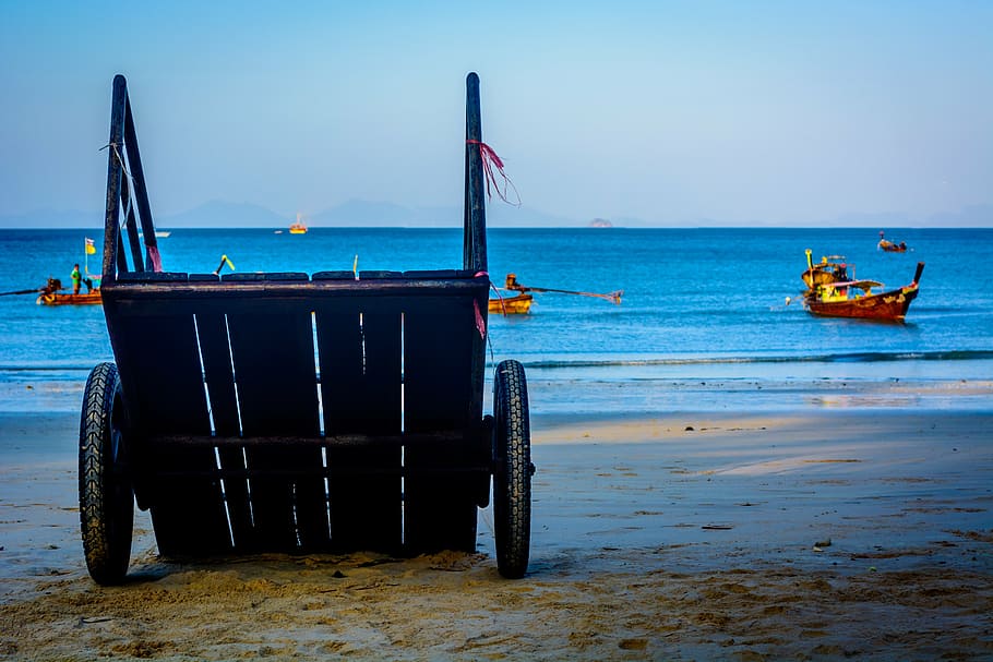 cart, wheel, sand, beach, blue, g0lden yellow, ocean, sea, water HD wallpaper