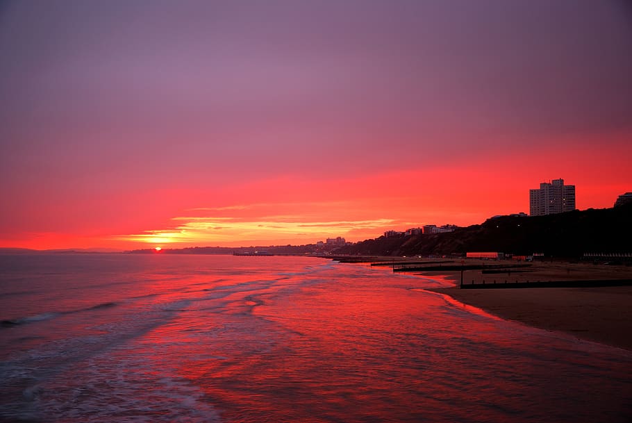 bournemouth, sunset, pier, sky, water, sea, architecture, city, HD wallpaper