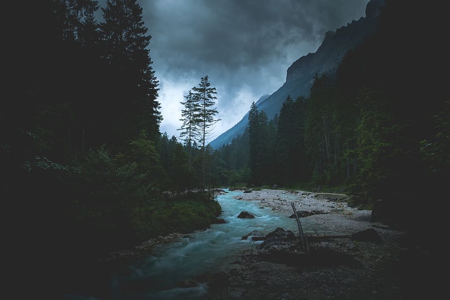 mountain, highland, landscape, river, water, rock, nature, trees HD wallpaper
