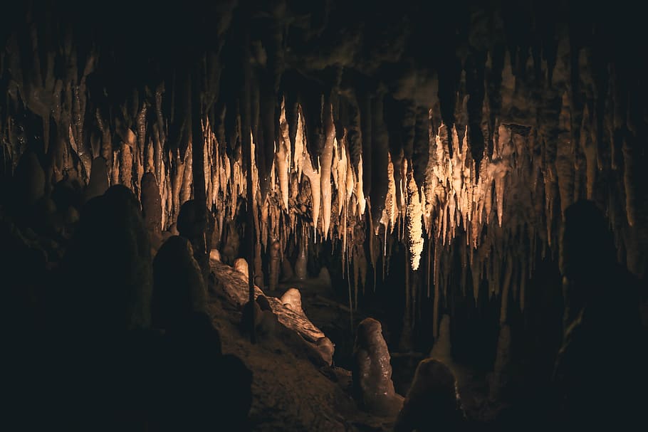 lights inside of cave interior, white, stone, formation, photography