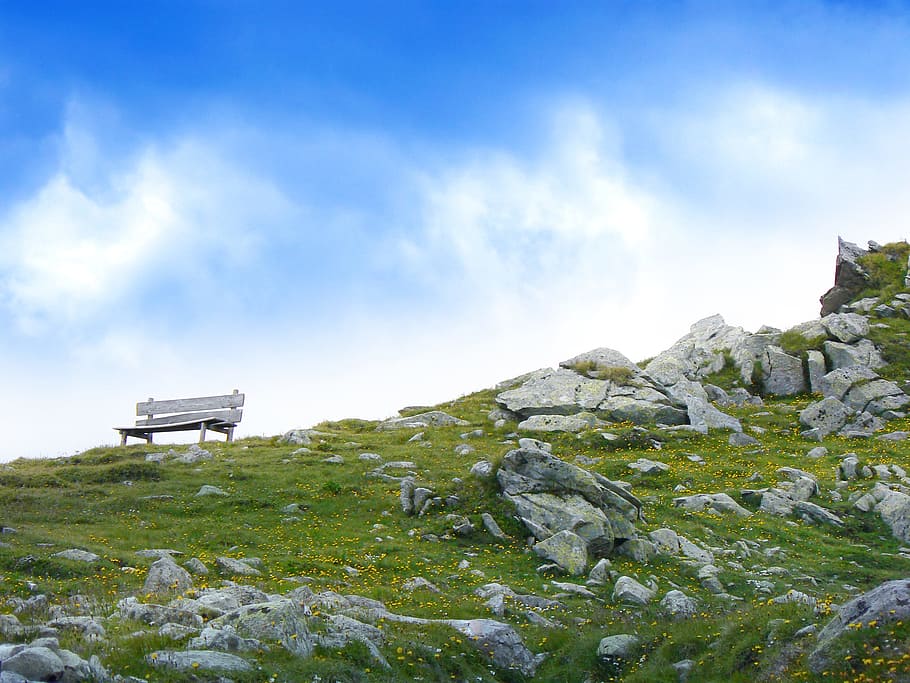 White Wooden Bench in Mountain during Daytime, grass, hill, landscape HD wallpaper