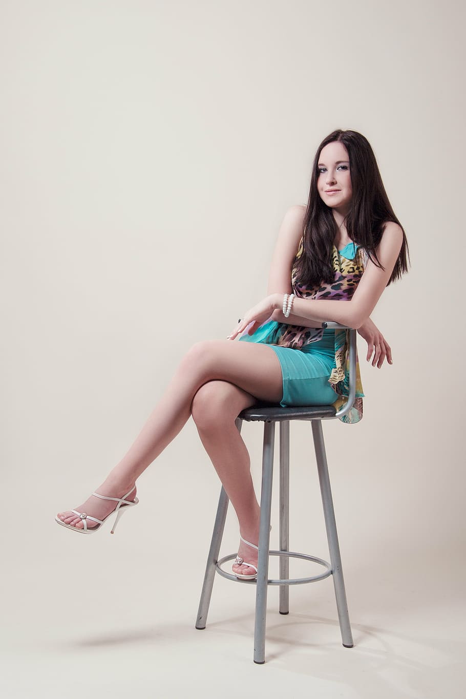 woman sitting on stool chair, dress, girl, model, fashion, shoes, HD wallpaper