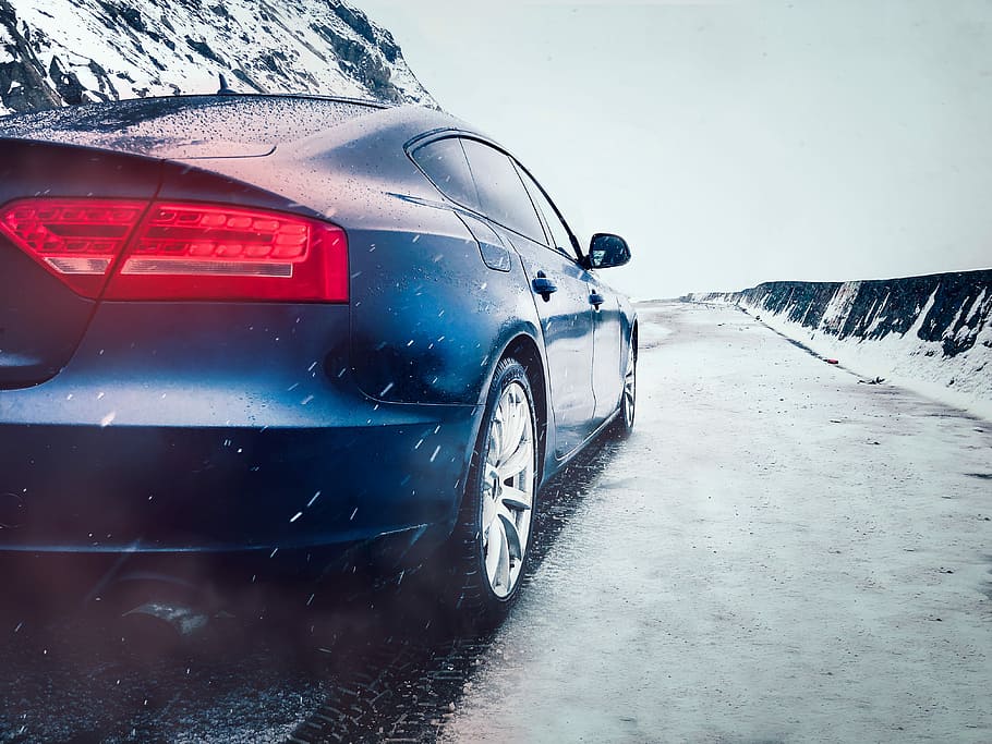 Snow Conquerer, black sedan on snow covered road, car, light HD wallpaper