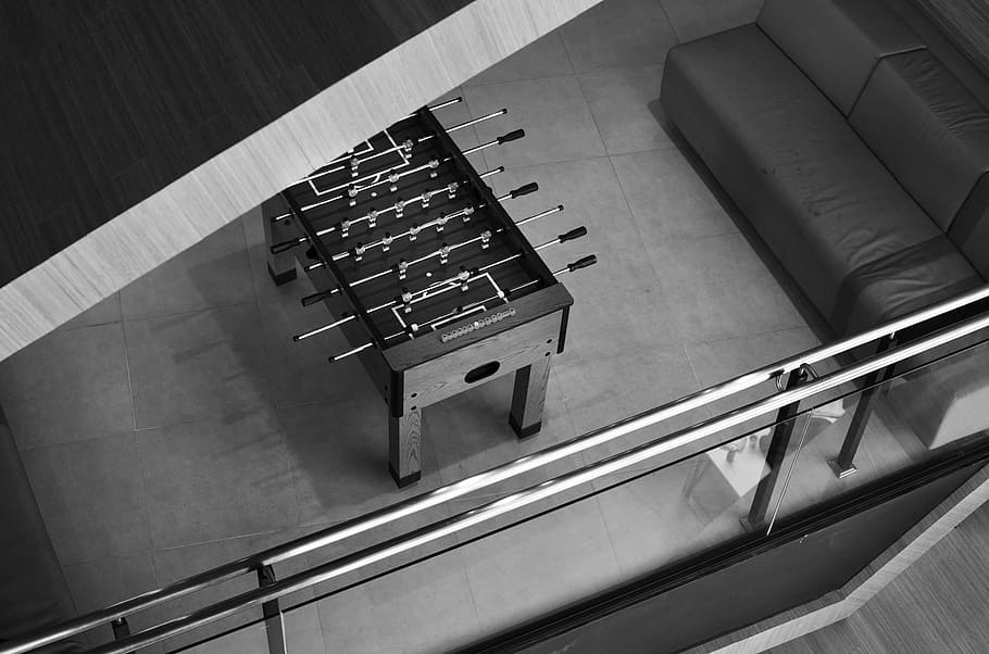 grayscale photo of foosball table, building, indoor, house, high angle view, HD wallpaper