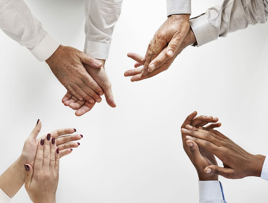 four person clapping, hand, human, partnership, teamwork, cooperation, HD wallpaper