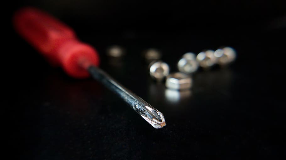 screwdriver, hand tool, nuts, black background, screws, tools HD wallpaper