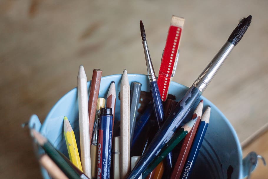 Stationery in a bucket, objects, pencil, paintbrush, creativity HD wallpaper