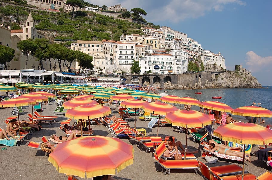 beach, italy, parasols, architecture, building exterior, water HD wallpaper