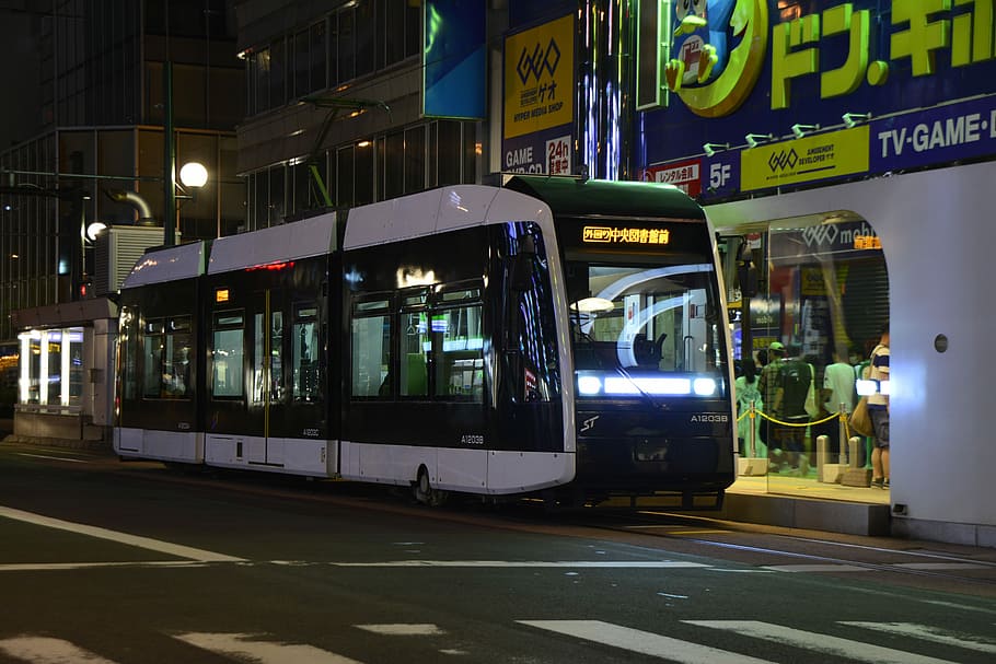 white bus on road near building at nighttime, Japan, Tram, Travel