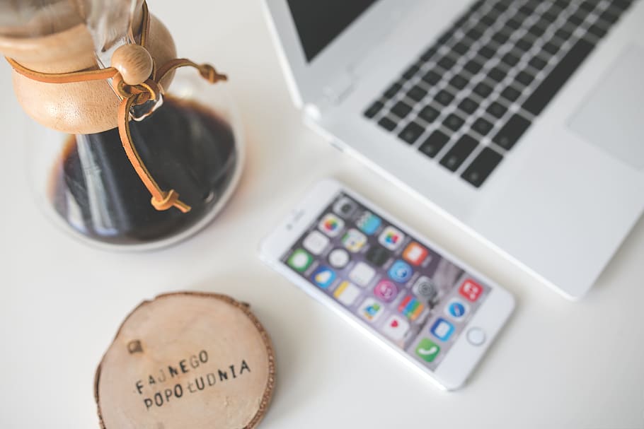 silver iPhone 6 and silver MacBook, desk, table, coffee, chemex HD wallpaper