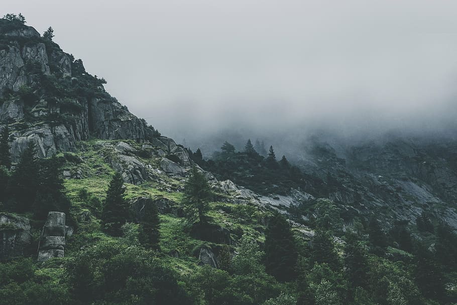 green mountain, alpine, cliff, clouds, sunrise, daylight, fog HD wallpaper