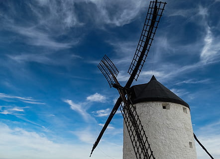white and black windmill tower during daytime, sky, renewable energy HD wallpaper