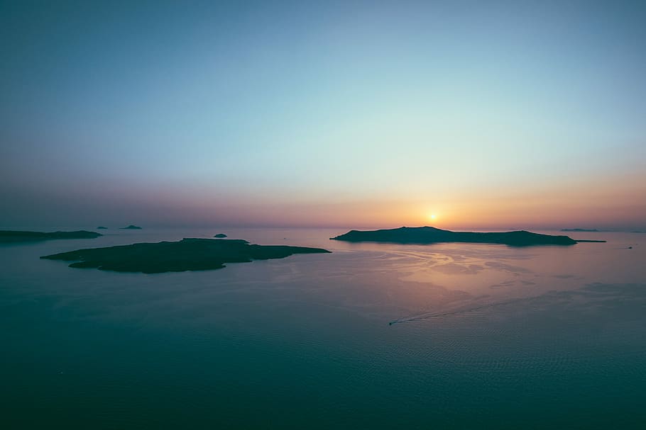 calm ocean panoramic photography, bird's eye of islands, sunset, HD wallpaper