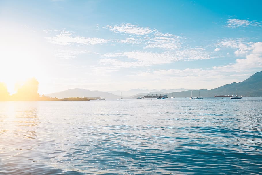 sea, ocean, water, waves, nature, mountain, blue, sky, clouds HD wallpaper