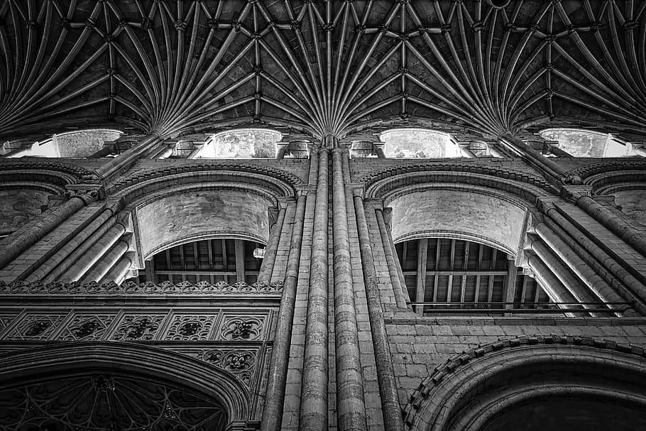 concrete building, nave, columns, arches, ceiling, norwich cathedral HD wallpaper