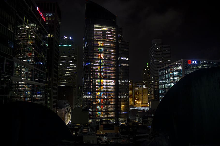 high rise buildings during nighttime, city, espace, architecture HD wallpaper