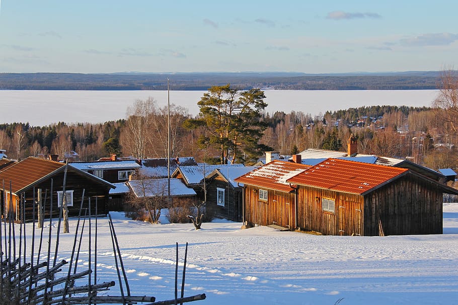 snow, winter, cold, beautiful, red, traditional, wood, cottage HD wallpaper