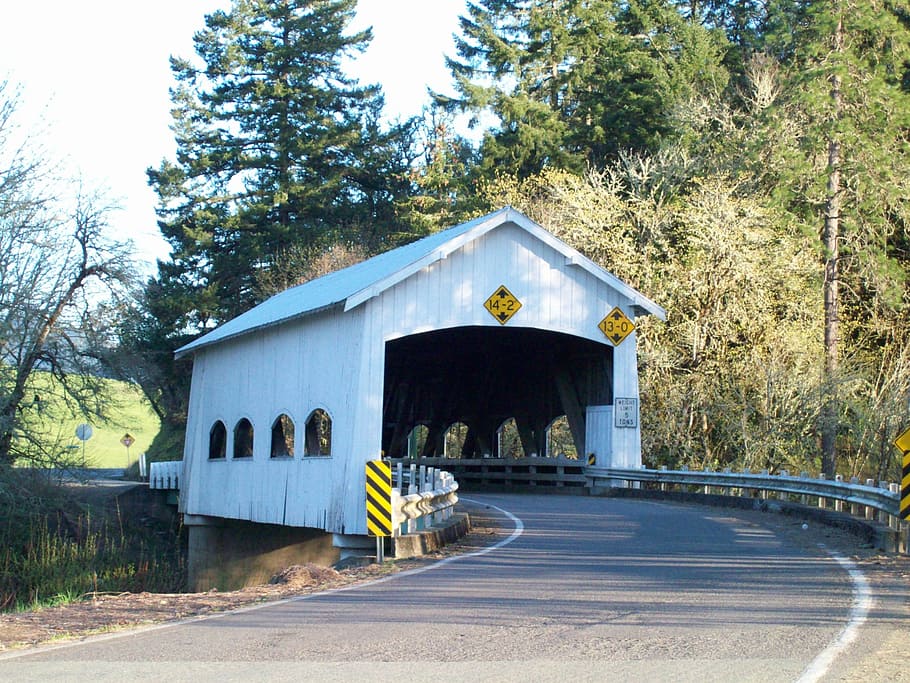 covered bridge, building, landmark, road, tree, plant, architecture HD wallpaper