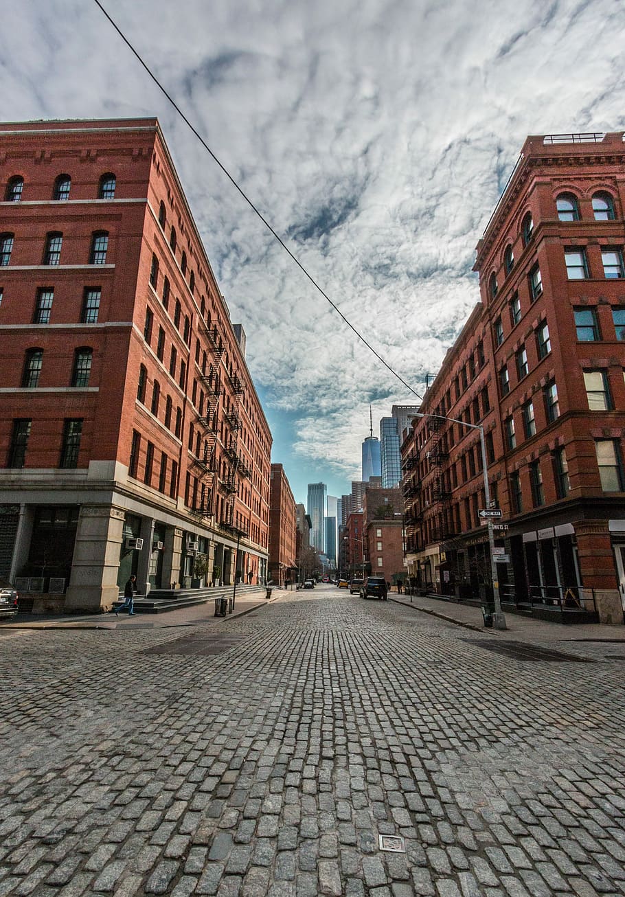 gray street under white clouds during daytime, low-angle photograph of building, HD wallpaper