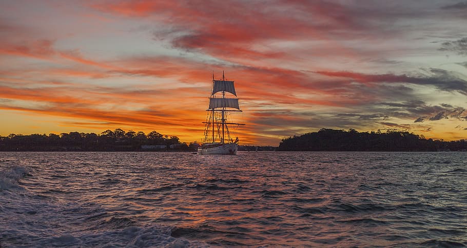 White Boat on Sea during Golden Time, clouds, cloudscape, cruise HD wallpaper