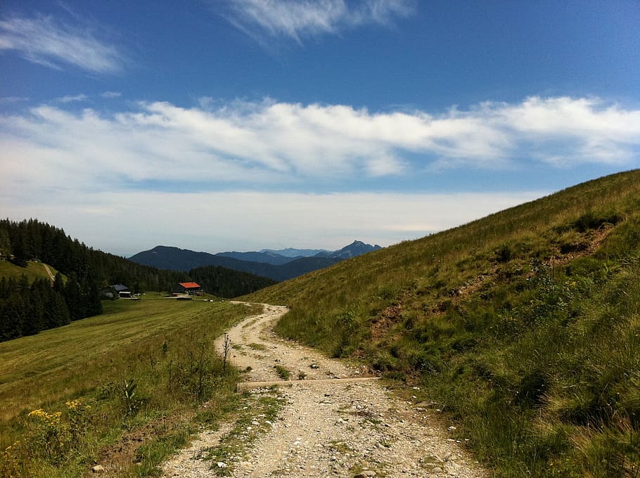 away, mountains, sky, blue, cloud - sky, landscape, road, environment HD wallpaper