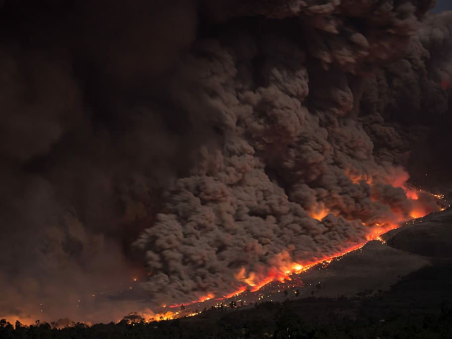 aerial photo of wild fire, mountain covered with fire, volcano HD wallpaper