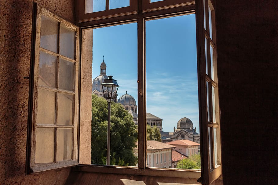 a window to Marseile, opened brown wooden window, streetlamp, HD wallpaper
