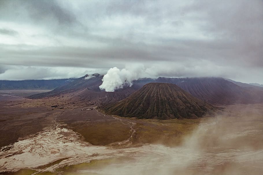 volcano with white smoke, clouds, mountains, landscape, indonesia HD wallpaper