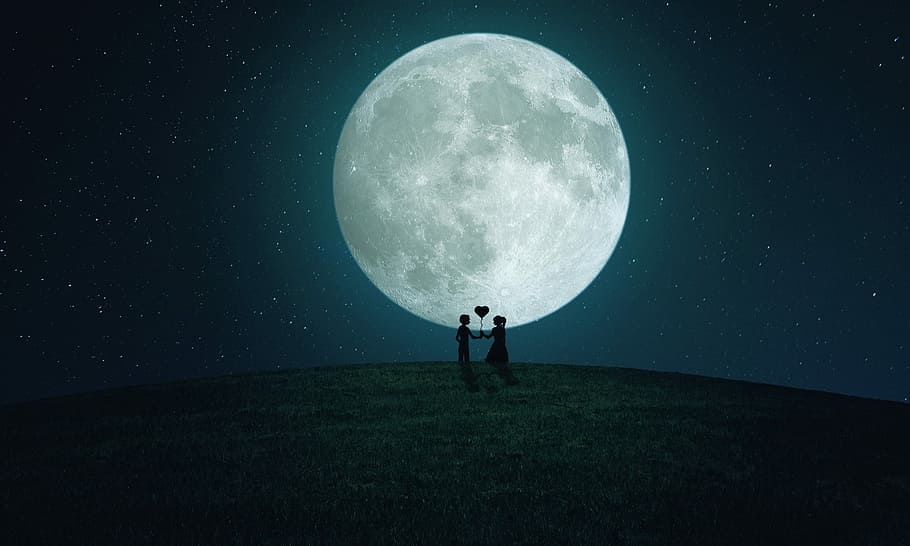 silhouette photo of boy and girl under the moon, couple, night