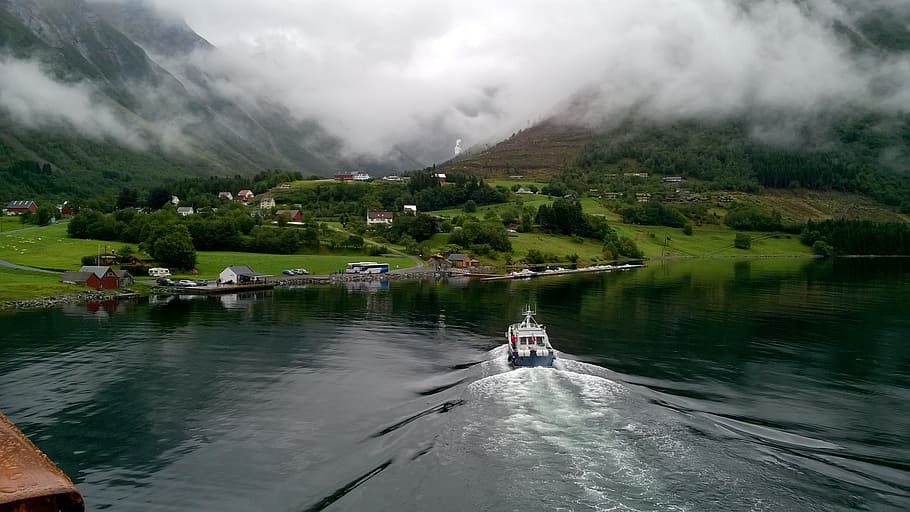 fjord, norway, boat, misty, mountain, water, beauty in nature, HD wallpaper