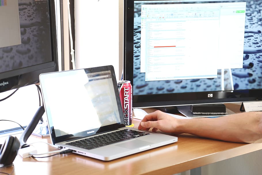 person arm near white laptop computer on table, startup, start-up HD wallpaper
